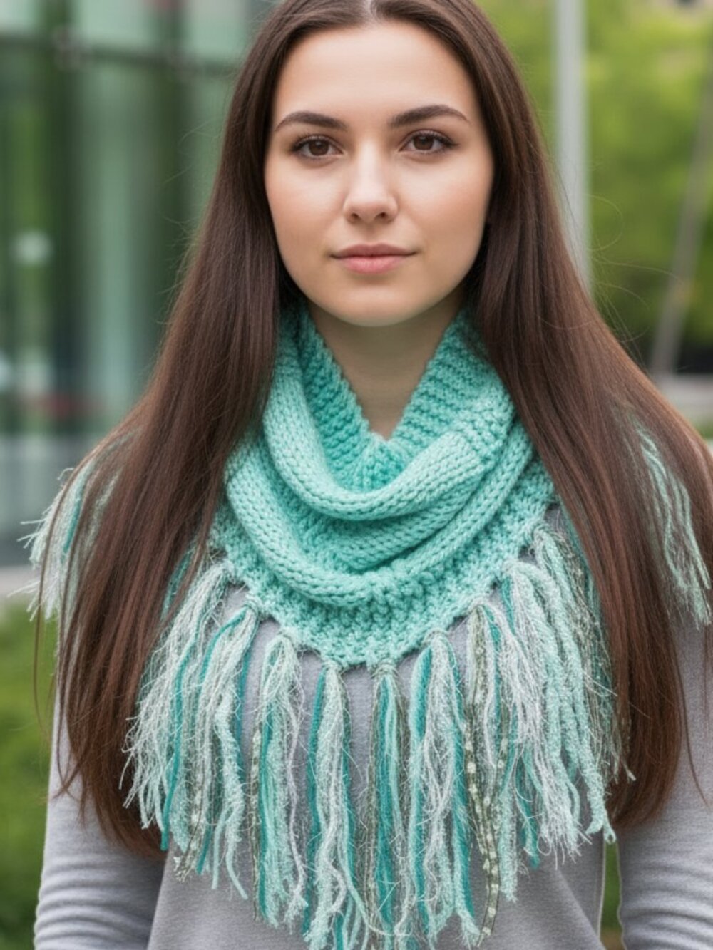 NEW Hand Knitted Mint Green Boho Cowl Scarf Fringe Coquette Cottage Soft Girl